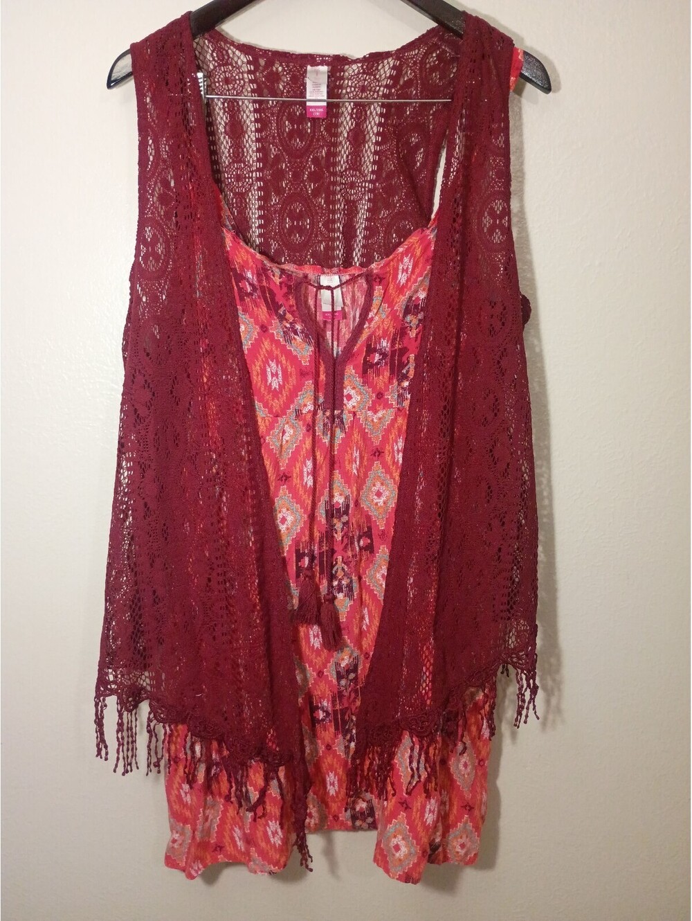 No Boundaries XXL Rayon Top with Burgundy Lace Vest